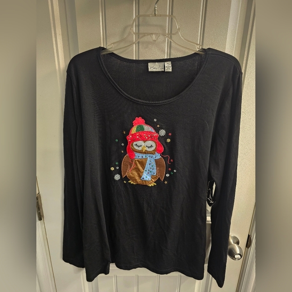 Kim Rogers Tops - NWT Longsleeve Christmas Tee Embroidered Owl XL